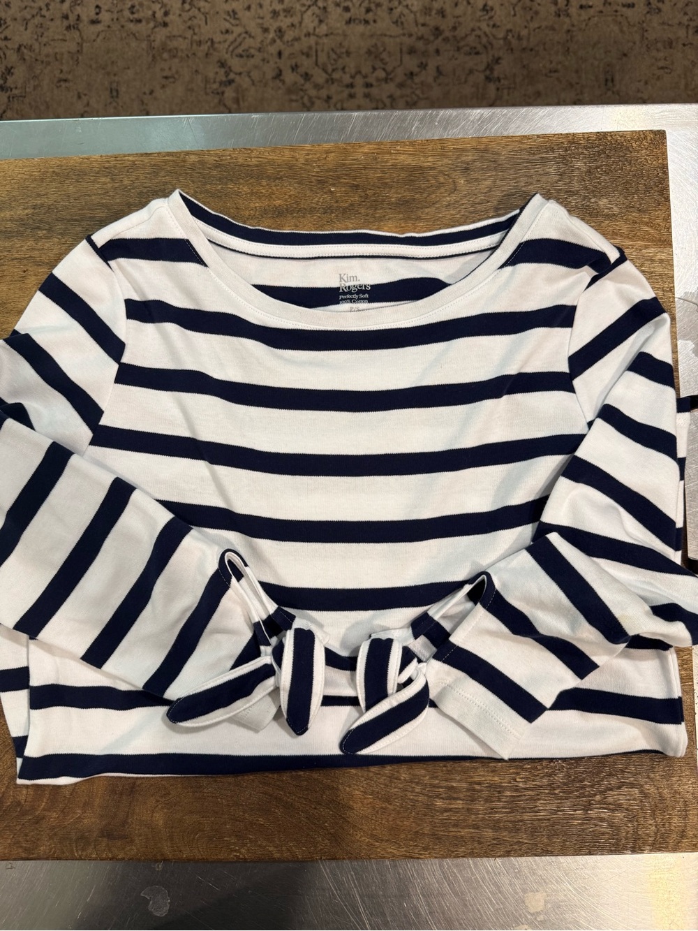 Kim Rogers Navy and White Striped Long-Sleeve Top with Sleeve Ties